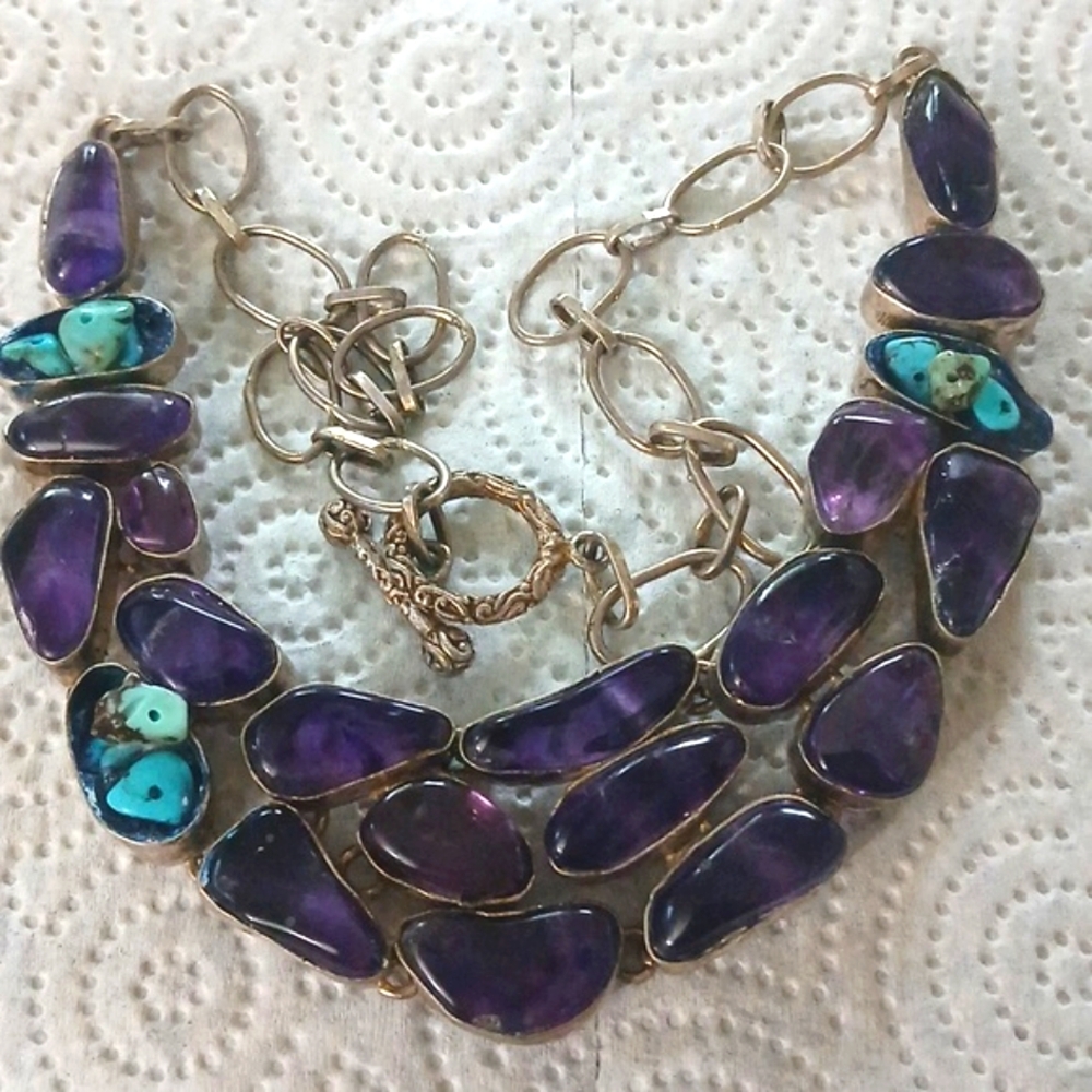Sterling Silver Amethyst Bib Multistone Necklace W/Turquoise